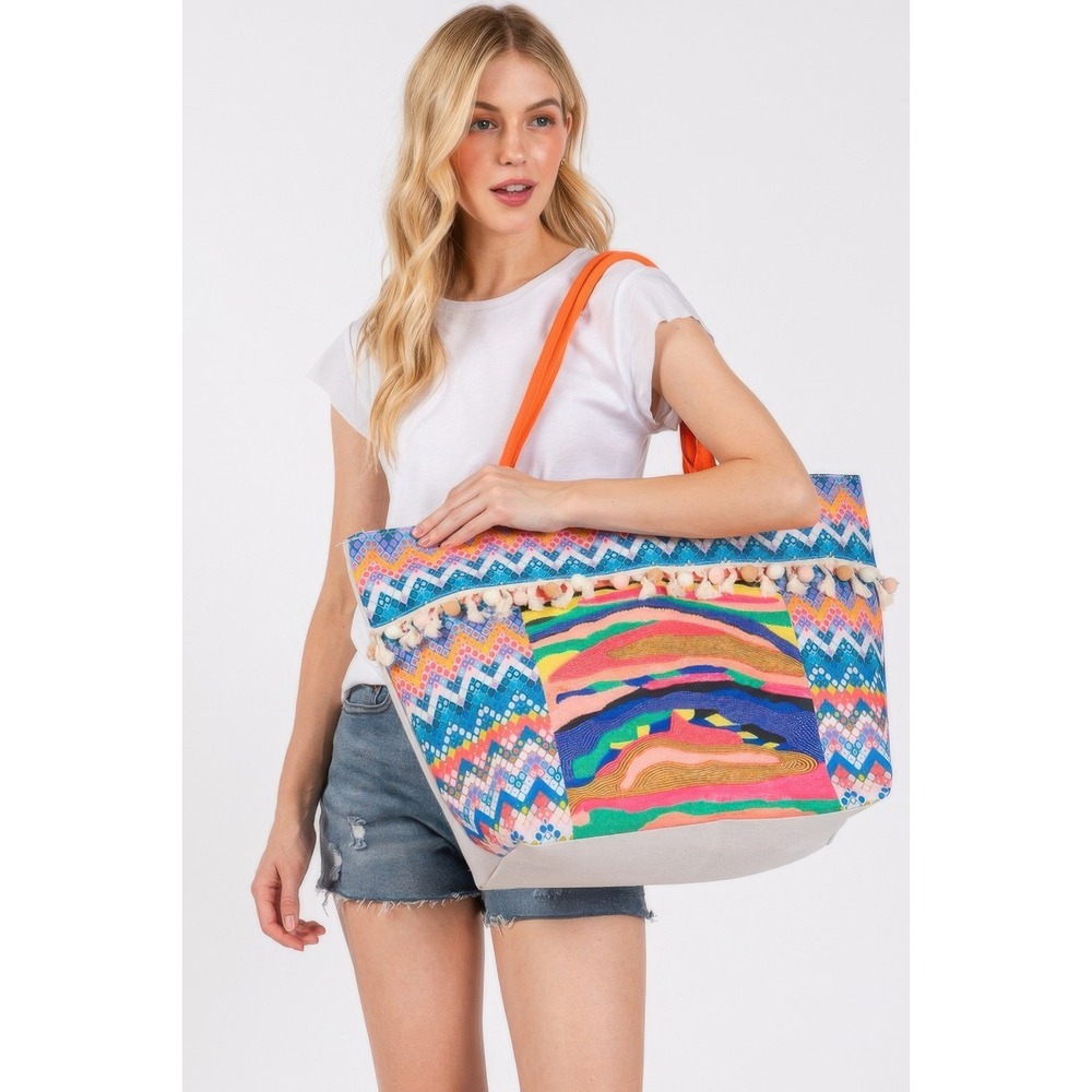 Tote Bag Women OS Multicolor New Beaded‎ Tassel Pom Pom Boho Beach Bag